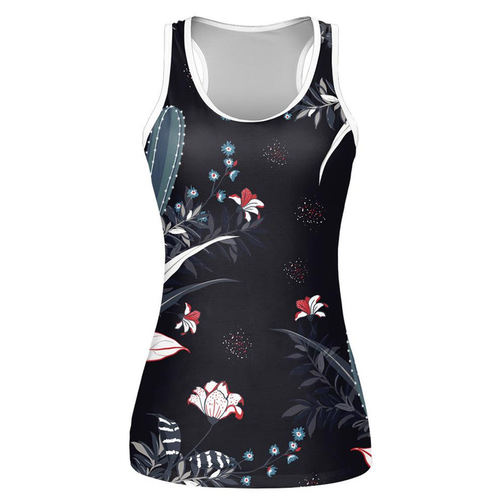 Hand Drawing Summer Nature Cactus Plant Flowers On Dark Theme Print 3D Women's Tank Top