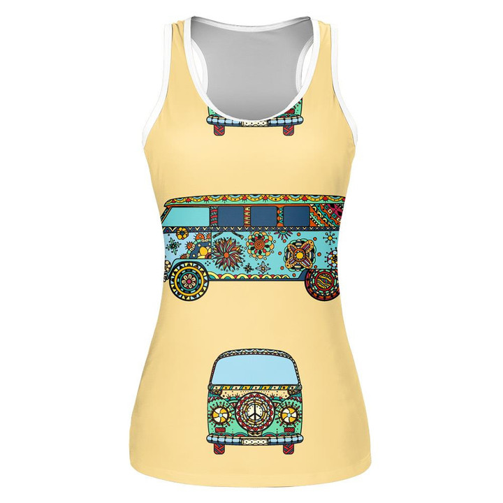 Hand Drawing Pattern Of Vintage Car A Mini Van In Hippie Style Print 3D Women's Tank Top