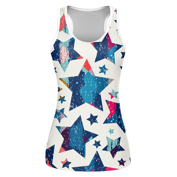 Grunge Multicolored Stars In Different Sized Pattern Print 3D Women's Tank Top