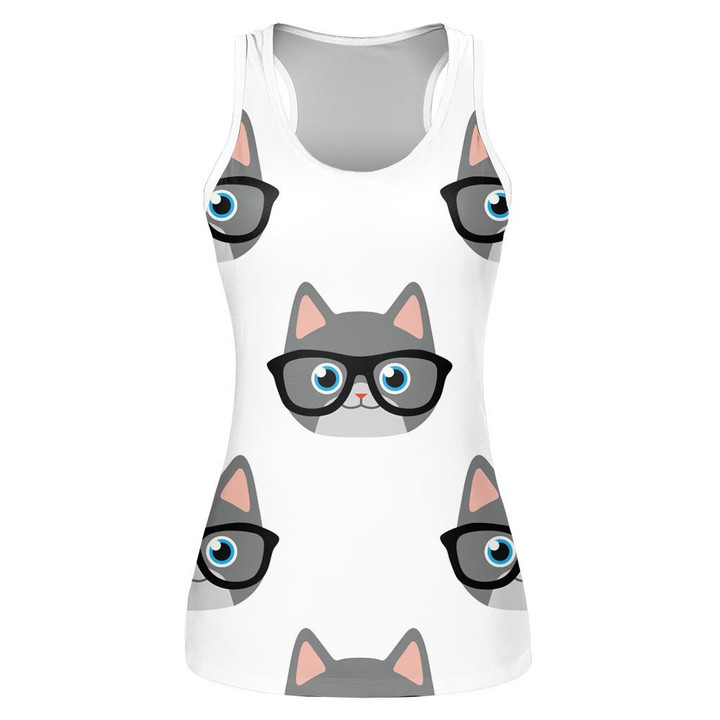 Grey Cat Face In Glasses On White Print 3D Women's Tank Top
