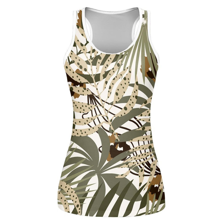 Green And Brown Tropical Leaves With Leopard Camouflage Spots Print 3D Women's Tank Top