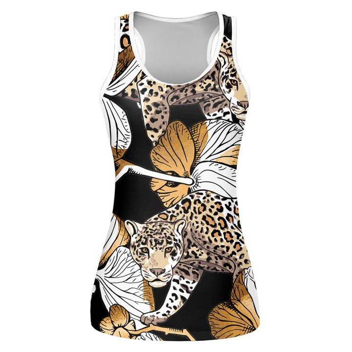 Gold Leopard And Orchid Flowers On Black Background Print 3D Women's Tank Top
