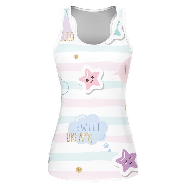 Gold Foil Scripts With Cute Sky Elements Including Stars Clouds Print 3D Women's Tank Top