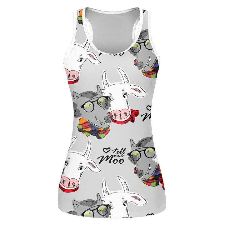 Funny White Cow And Wolf On Grey Print 3D Women's Tank Top