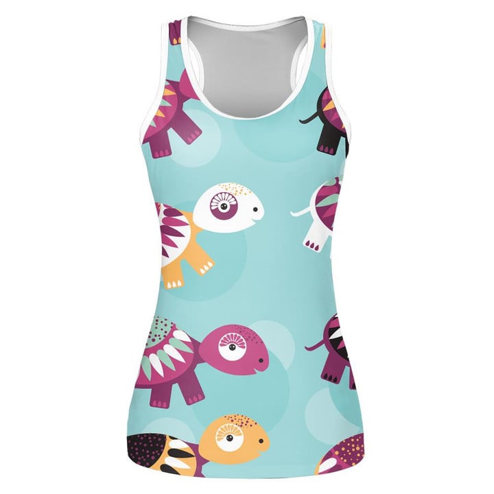 Funny Cute Turtle Animal On Blue Background Print 3D Women's Tank Top