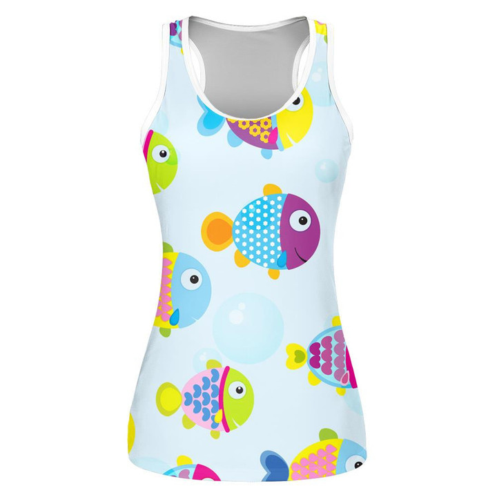 Cute Cartoon Colorful Fishes And Bubbles Light Blue Theme Design Print 3D Women's Tank Top