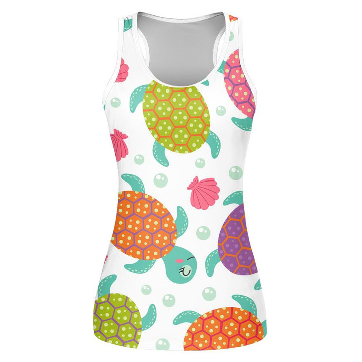 Colorful Turtles Seashells And Pearls On White Print 3D Women's Tank Top