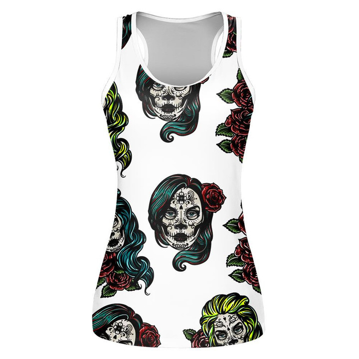 Colorful Tattoo Illustration Of Skull Girl With Roses Print 3D Women's Tank Top