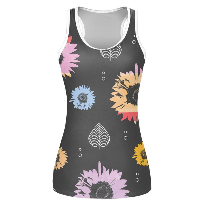 Colorful Sunflowers And Elliptical Leaves On Dark Background Print 3D Women's Tank Top