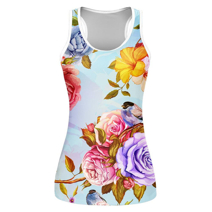 Colorful Rose Branch And Bird On Light Blue Theme Design Print 3D Women's Tank Top