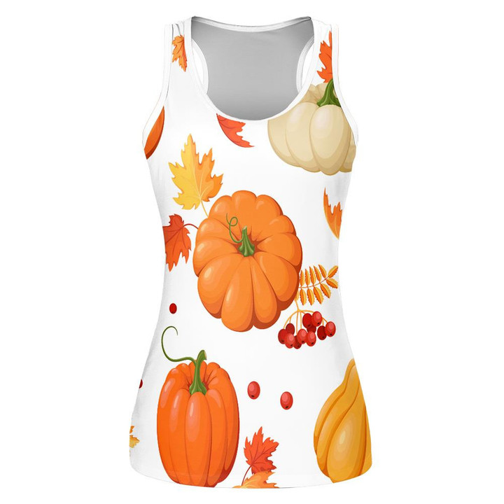Colorful Pumpkins Maple Leaves And Mountain Ash With Berries On White Background Print 3D Women's Tank Top