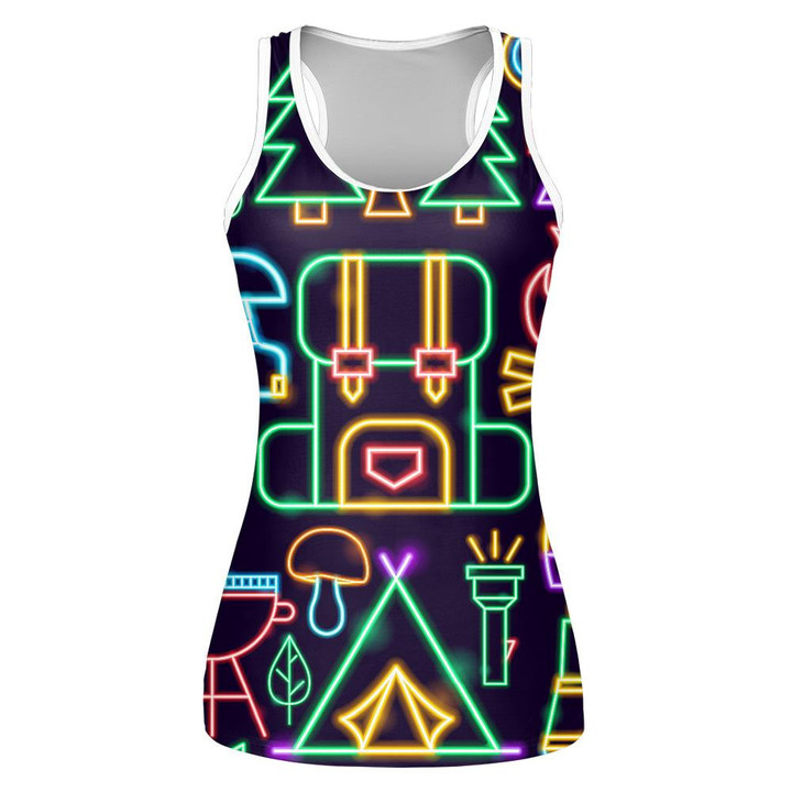 Colorful Neon Icon About Camping With Mountain Van Boots Print 3D Women's Tank Top