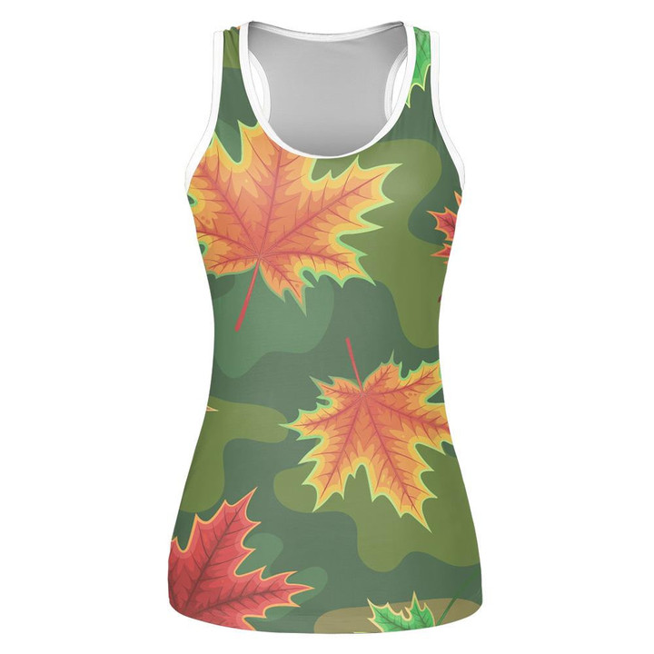 Colorful Maple Leaves On Green Camo Background Print 3D Women's Tank Top