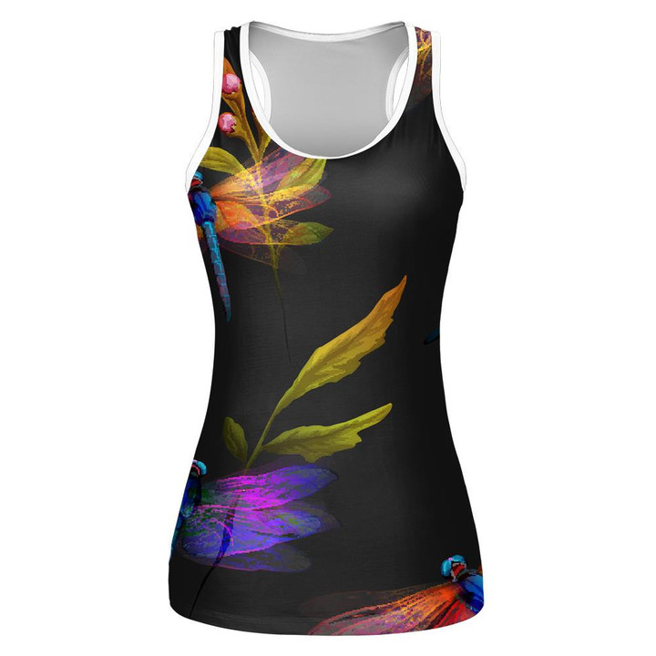Colorful Dragonfly With Leaves On Black Print 3D Women's Tank Top