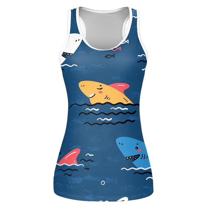 Colorful Cartoon Sharks Summer Sea Dark Blue Background Print 3D Women's Tank Top