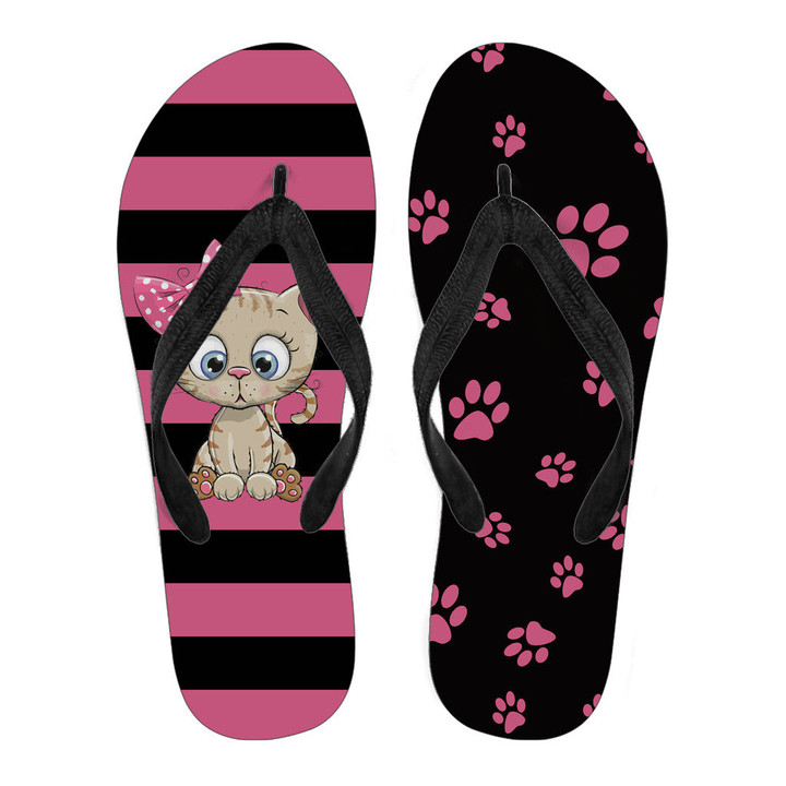 Sweet Kitty Black Background With Footprint Flip Flops For Men And Women