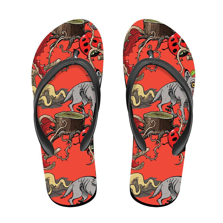 Wolf And Dangerous Tree Forest On Red Flip Flops For Men And Women