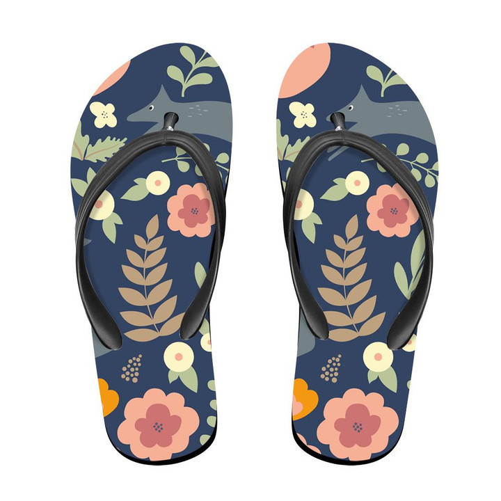 Wolf And Colorful Stylized Flowers Background Flip Flops For Men And Women