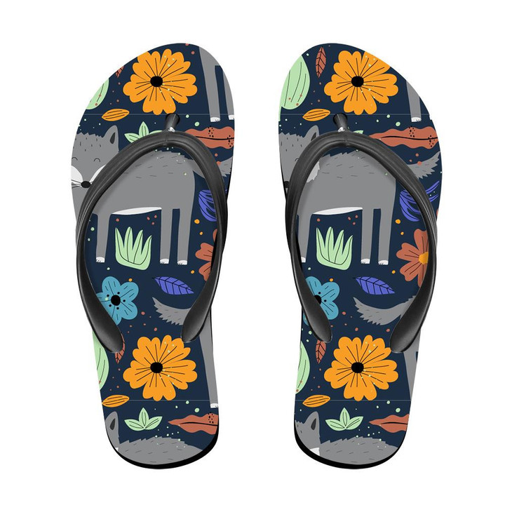 Wolf Adorable Forest Animal With Leaves And Flowers Flip Flops For Men And Women
