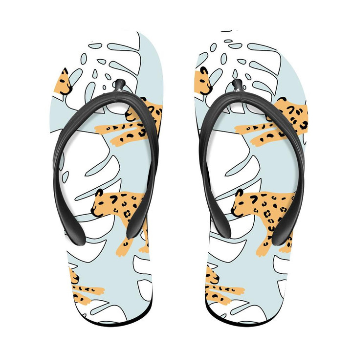 Wild Tropical Leopard Animal And Monstera Palm Leaves Flip Flops For Men And Women