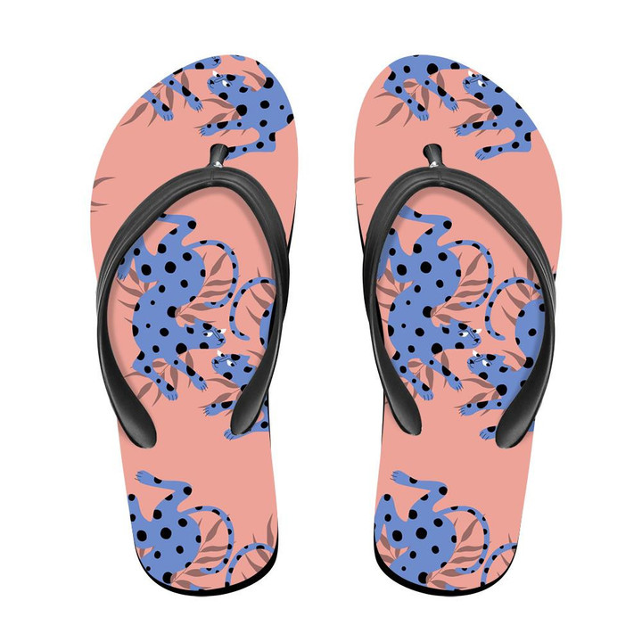 Wild Jungle African Cute Blue Leopard With Leaves Flip Flops For Men And Women
