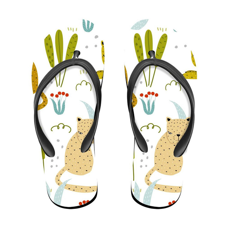 Wild Animals Leopard In Simple Cartoon And Tropical Leaves Flip Flops For Men And Women