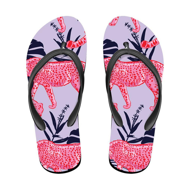 Wild African Red Leopard With Tropical Leaves Flip Flops For Men And Women
