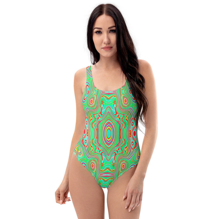 Trippy Retro Orange And Lime Green Abstract Pattern Women's One Piece Swimsuit