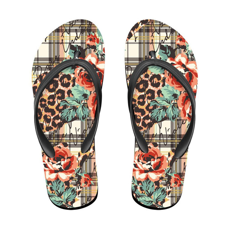 Wild African Leopard Roses Flowers And Tartan Plaid Flip Flops For Men And Women