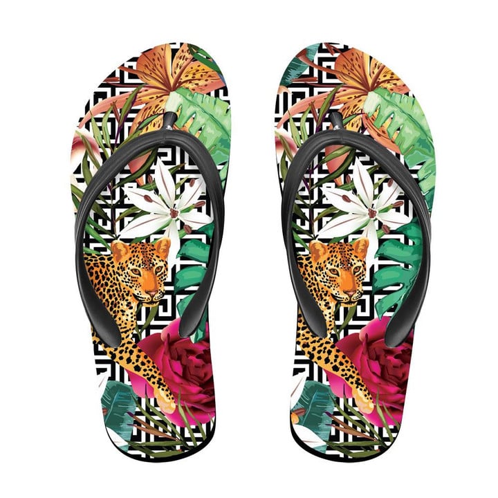Wild African Leopard In Tropical Forest Geometric Background Flip Flops For Men And Women