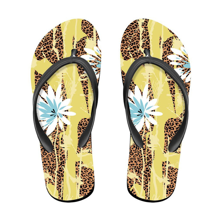 Wild African Leopard And Flower Texture Yellow Background Flip Flops For Men And Women
