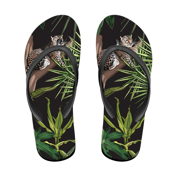 Wild African Animals Leopard In Tropical Forest On Black Flip Flops For Men And Women