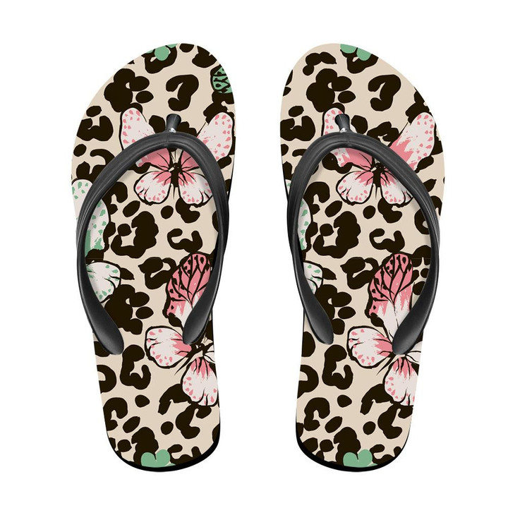Wild African Animals Leopard In Butterflys And Flowers Flip Flops For Men And Women
