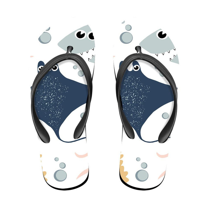 White Theme Pretty Shark Stingray Jellyfish And Bubbles Design Flip Flops For Men And Women