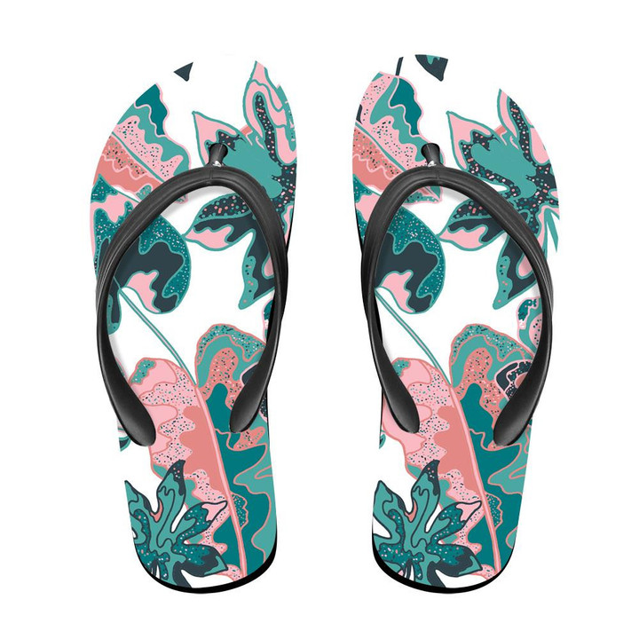 White Theme Drawing Green And Pink Tropical Leaves Hippie Pattern Flip Flops For Men And Women