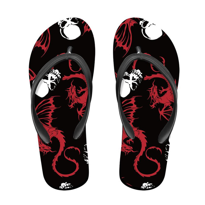 White Skull And Flying Red Dragon On Dark Flip Flops For Men And Women