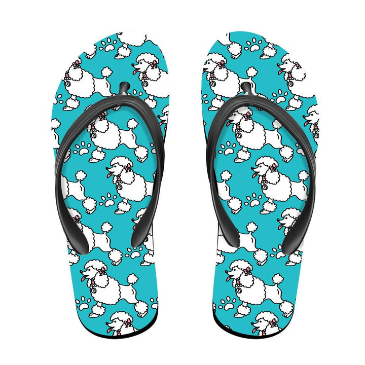 White Poodle Dog And Paw On Turquoise Flip Flops For Men And Women