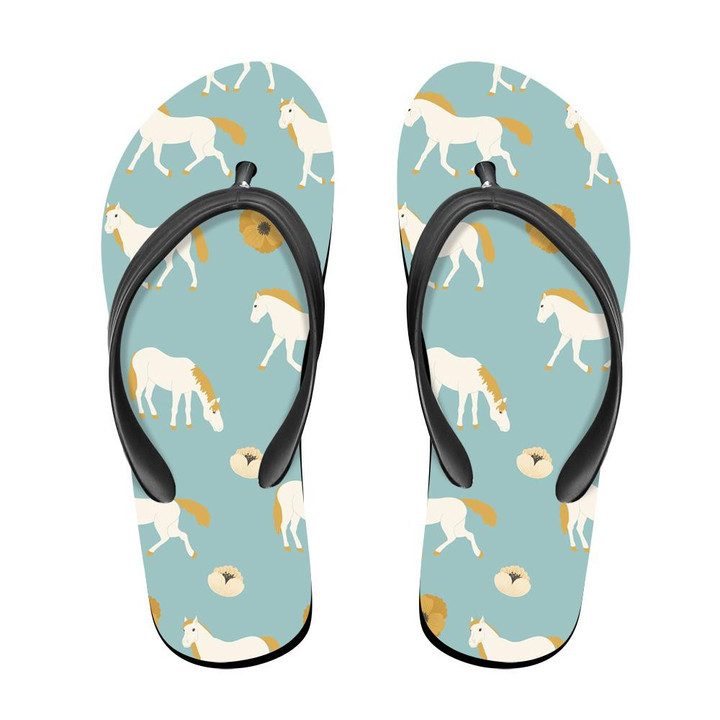 White Horses And Flowers On Blue Background Flip Flops For Men And Women