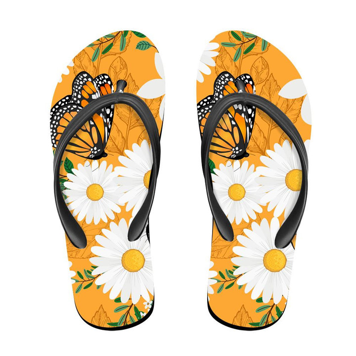 White Floral And Butterflies On Orange Flip Flops For Men And Women