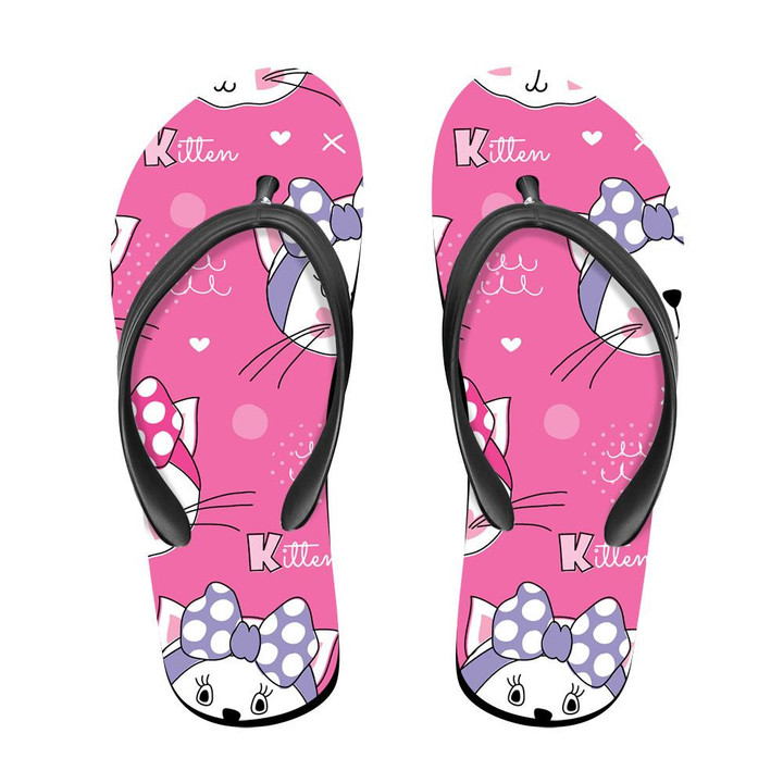White Cat Face On Pink Background Flip Flops For Men And Women