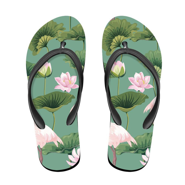 White Beautiful Flamingo With Lotus Pond Flip Flops For Men And Women