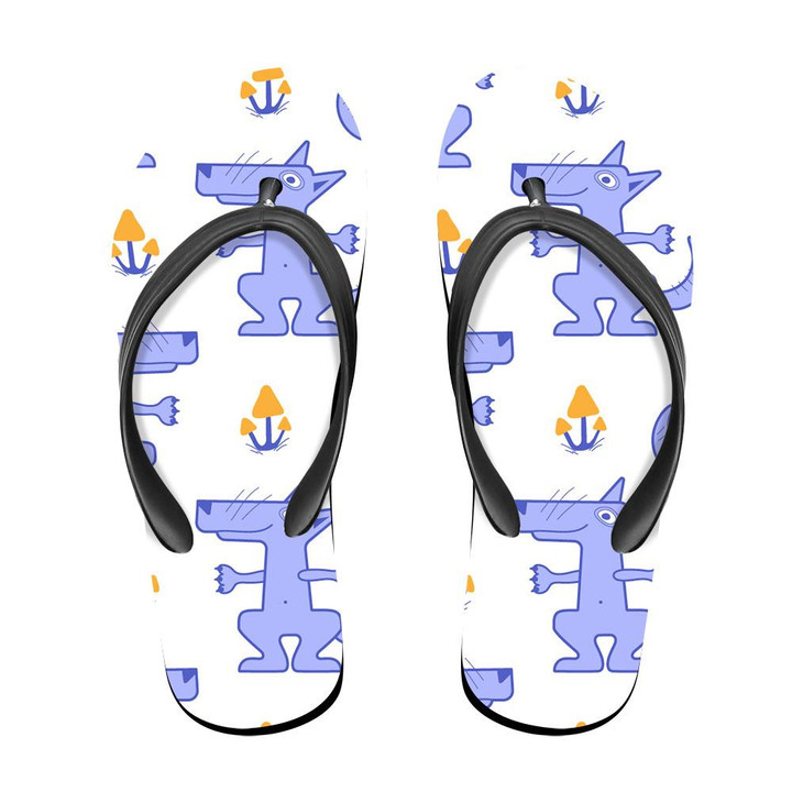 White Background With Cartoon Wolf And Mushrooms Flip Flops For Men And Women