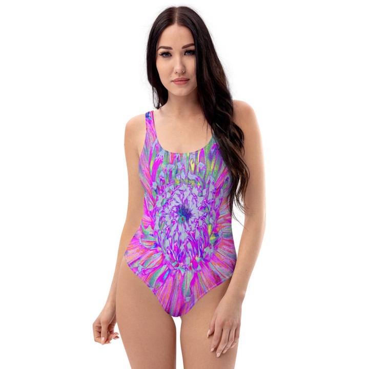 Cool Pink Blue And Purple Artsy Dahlia Bloom Women's One Piece Swimsuit
