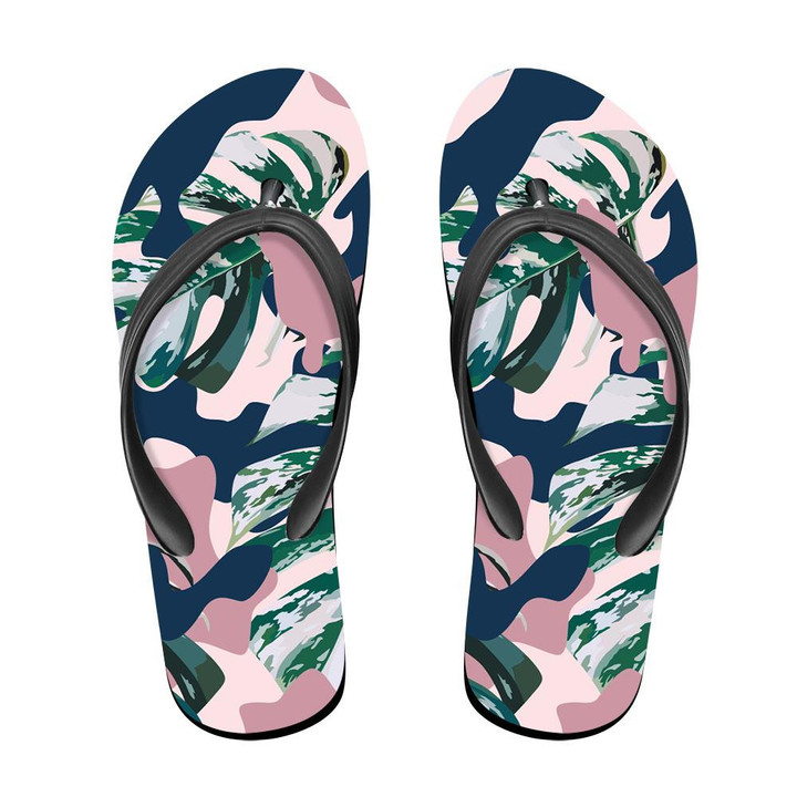 Watercolor Tropical Green Marble Leaves Pink Camo Background Flip Flops For Men And Women