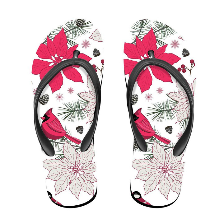 Watercolor Red Cardinal Poinsettia Flower And Birds Flip Flops For Men And Women