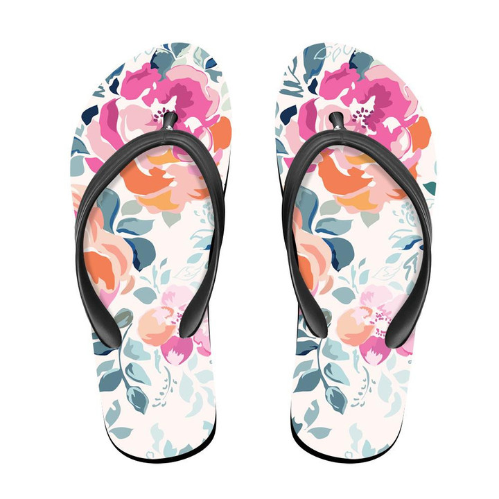 Watercolor Pink And Orange Flowers And Leaves Branches Design Flip Flops For Men And Women