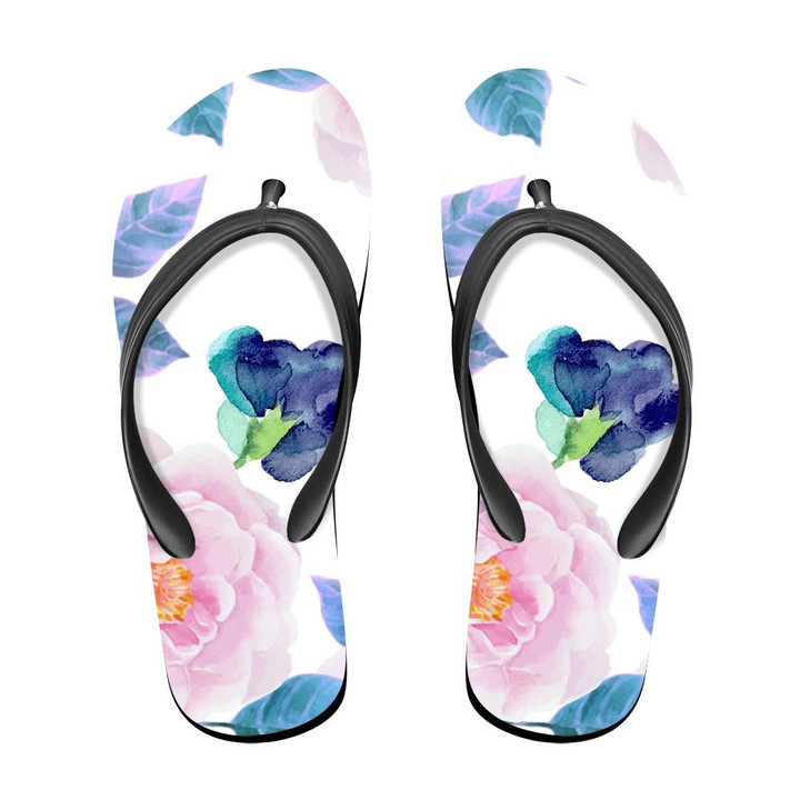 Watercolor Pattern Of Roses Violets On White Background Flip Flops For Men And Women
