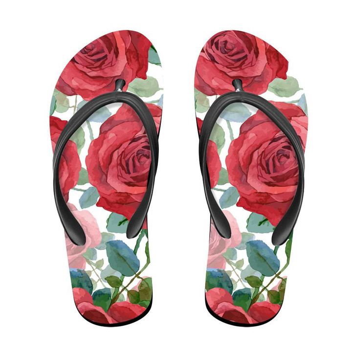 Watercolor Painting Red Roses And Green Leaves Branches Pattern Flip Flops For Men And Women