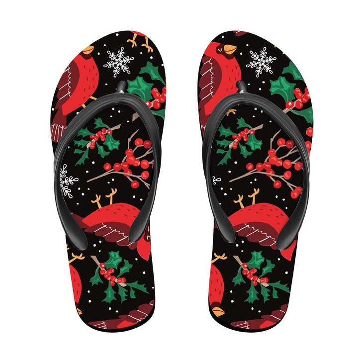 Watercolor Little Red Cardinal Bird With Holly Leaves Flip Flops For Men And Women