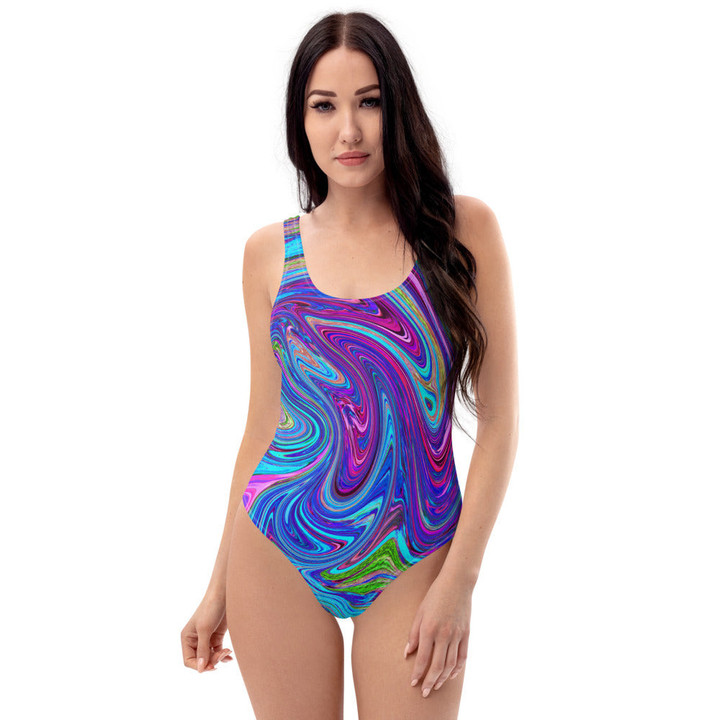 Blue Pink And Purple Groovy Abstract Retro Women's One Piece Swimsuit